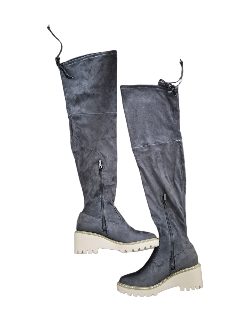 Nicole Miller Charcoal Gray Over-the-Knee Suede Boots with Cream Lug Sole